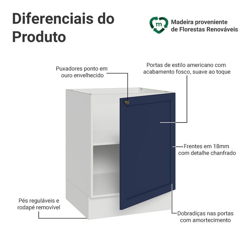Balcão De Cozinha 60 Cm 1 Porta (sem Tampo) Branco/Azul Vik Madesa - imagem 3