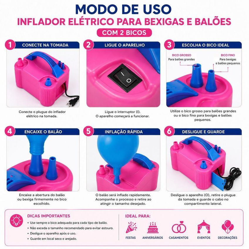 Inflador Elétrico Para Balões 220v Enche Rápido Com 2 Bicos Utimix - imagem 5