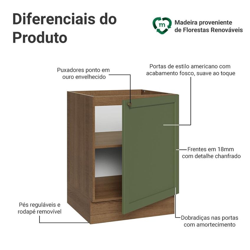 Balcão De Cozinha 60 Cm 1 Porta (sem Tampo) Rustic/verde Vik Madesa - imagem 3