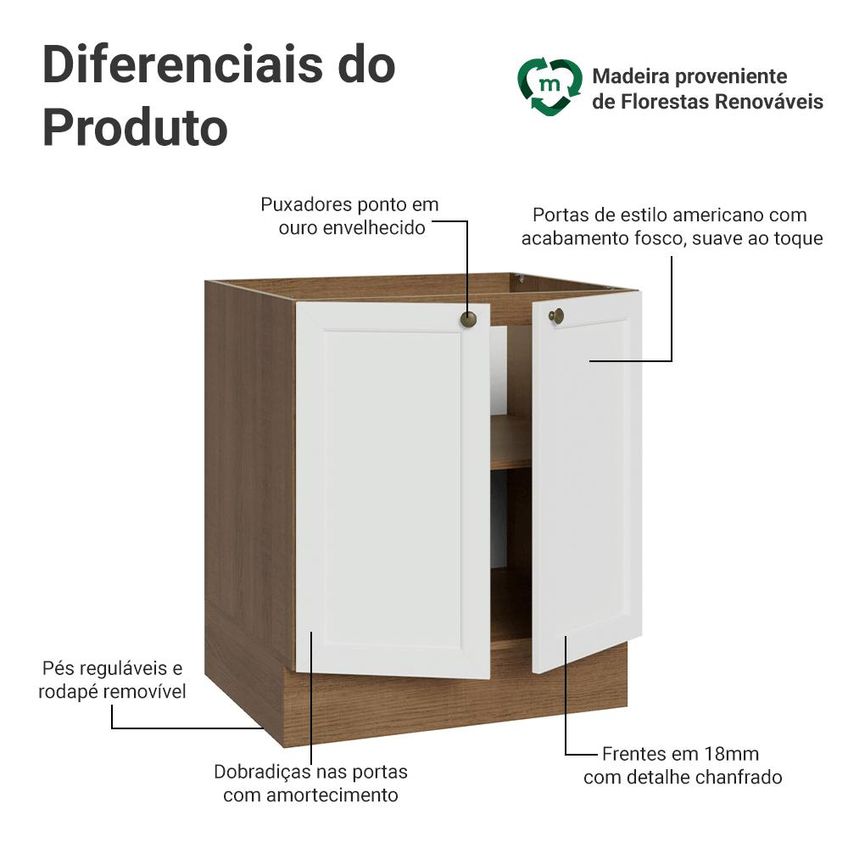 Balcão De Cozinha 70 Cm 2 Portas (sem Tampo) Rustic/Branco Vik Madesa - imagem 3