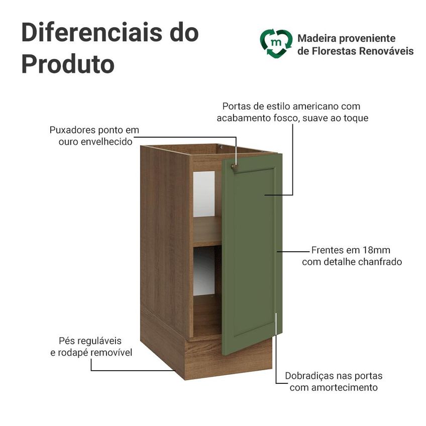 Balcão De Cozinha 35 Cm 1 Porta (sem Tampo) Rustic/verde Vik Madesa - imagem 3