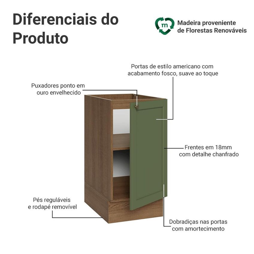 Balcão De Cozinha 40 Cm 1 Porta (sem Tampo) Rustic/verde Vik Madesa - imagem 3