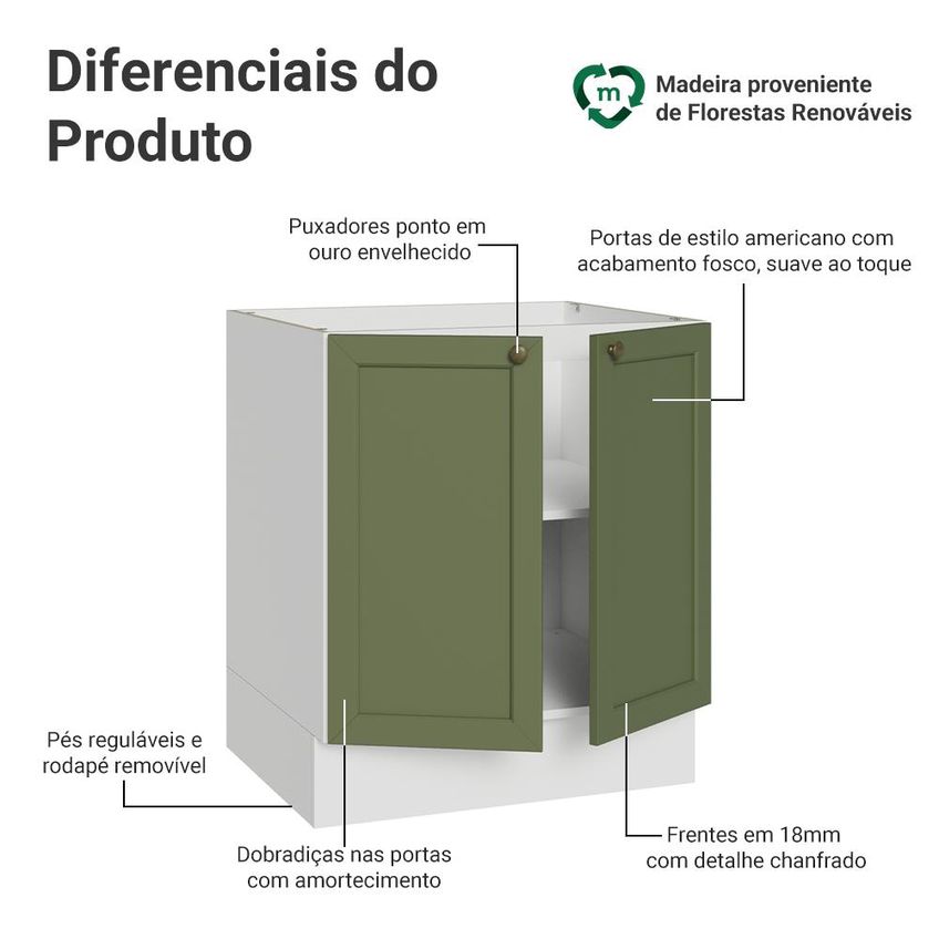 Balcão de Cozinha 70 cm 2 Portas (sem Tampo) Branco/Verde Vik Madesa - imagem 3