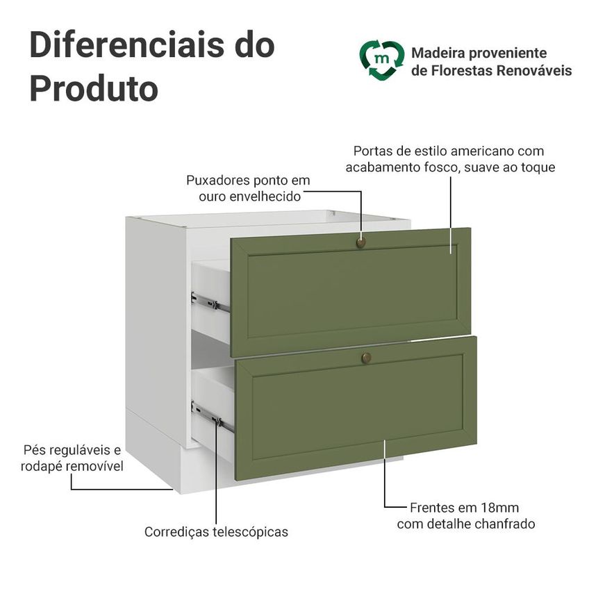 Balcão De Cozinha 80 Cm 2 Gavetas (sem Tampo) Branco/verde Vik Madesa - imagem 3