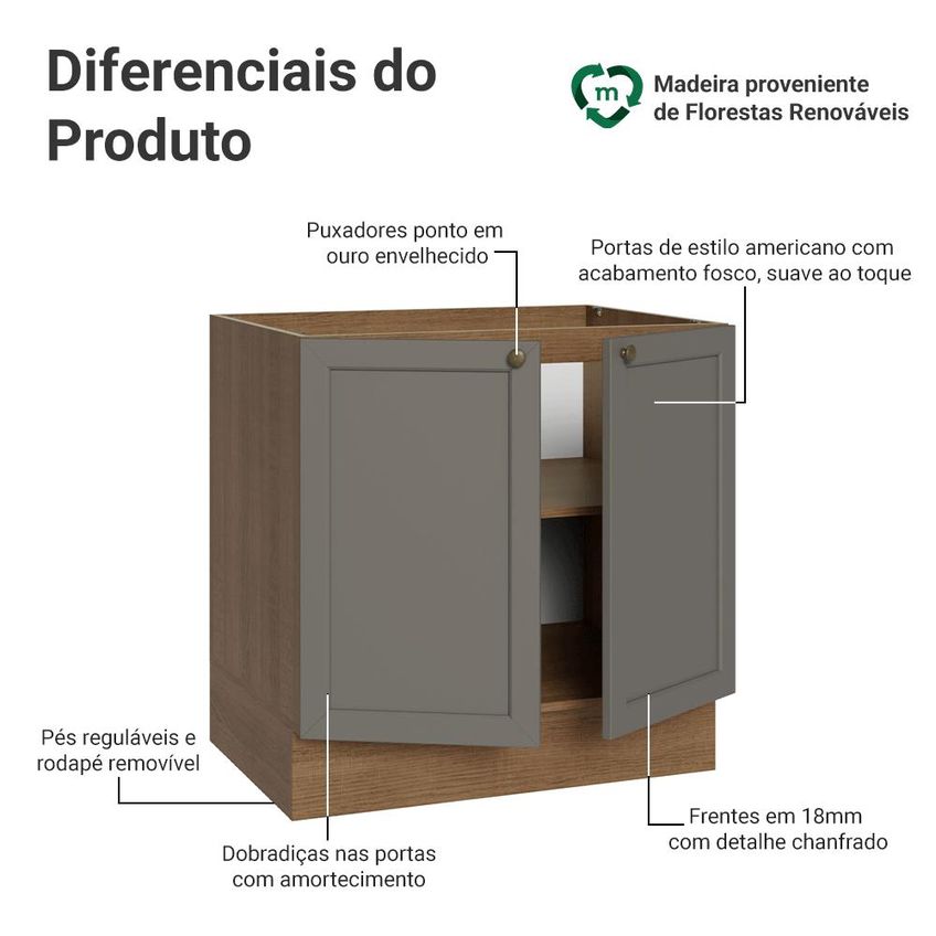 Balcão De Cozinha 80 Cm 2 Portas (sem Tampo) Rustic/Cinza Vik Madesa - imagem 3