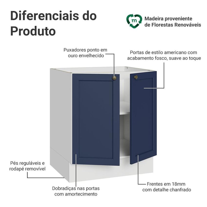 Balcão De Cozinha 70 Cm 2 Portas (sem Tampo) Branco/Azul Vik Madesa - imagem 3