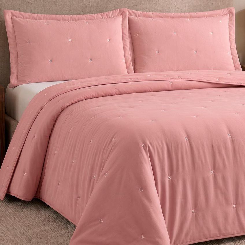 Kit Cobre Leito Colcha Fenix Casal 3 Peças Percal 300 Fios Bordado Matelassê Rosa Malva Clara Luz - imagem 3