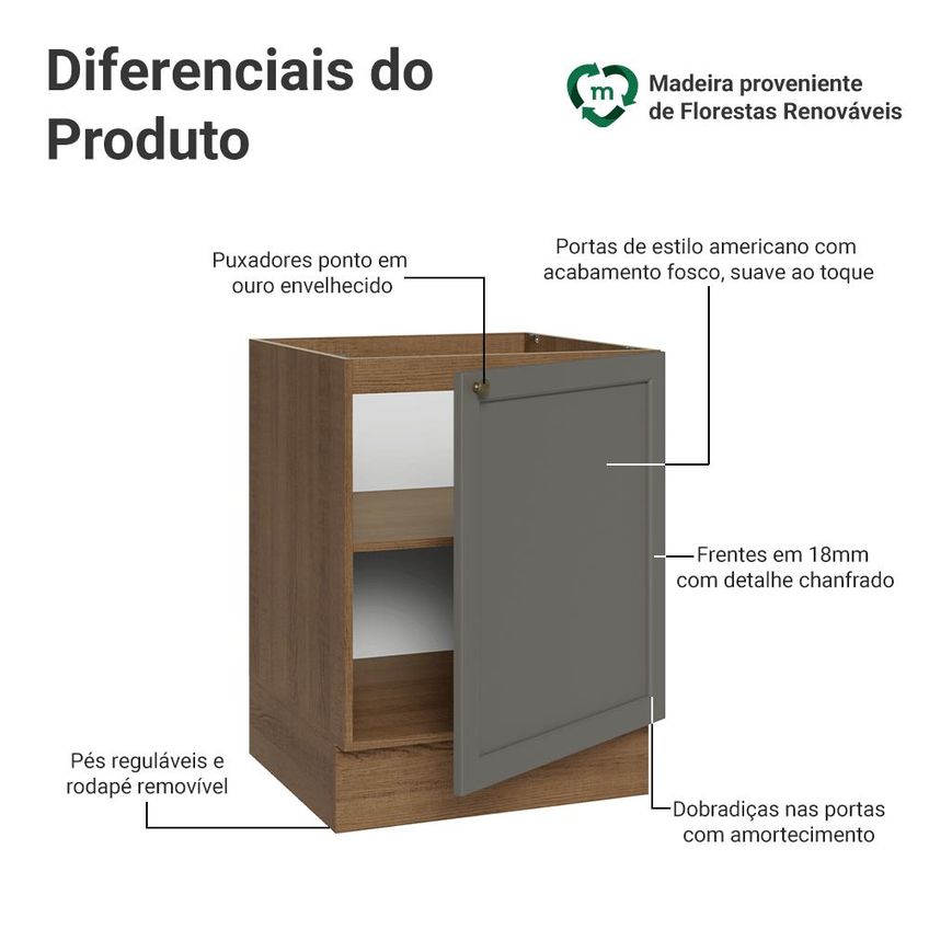 Balcão De Cozinha 60 Cm 1 Porta (sem Tampo) Rustic/Cinza Vik Madesa - imagem 3