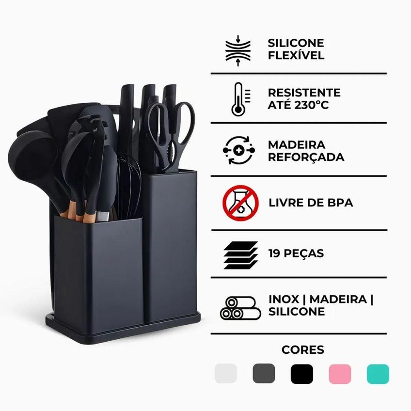 Kit Utensílios de Cozinha 19 Peças Silicone Antiaderente com Suporte Preto Utimix - imagem 2