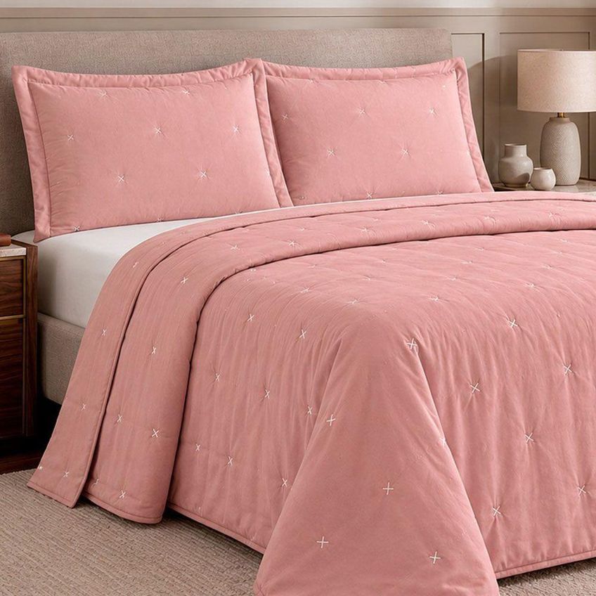 Kit Cobre Leito Colcha Fenix King 3 Peças Percal 300 Fios Bordado Matelassê Rosa Malva Clara Luz - imagem 3