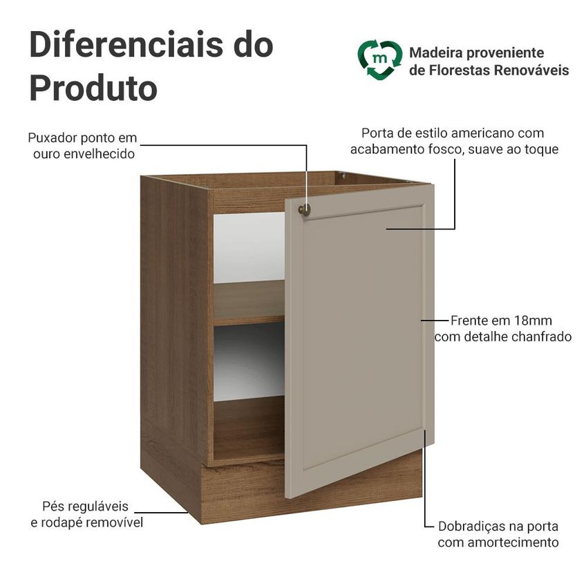 Balcão De Cozinha 60 Cm 1 Porta (sem Tampo) Rustic/crema Vik Madesa - imagem 3