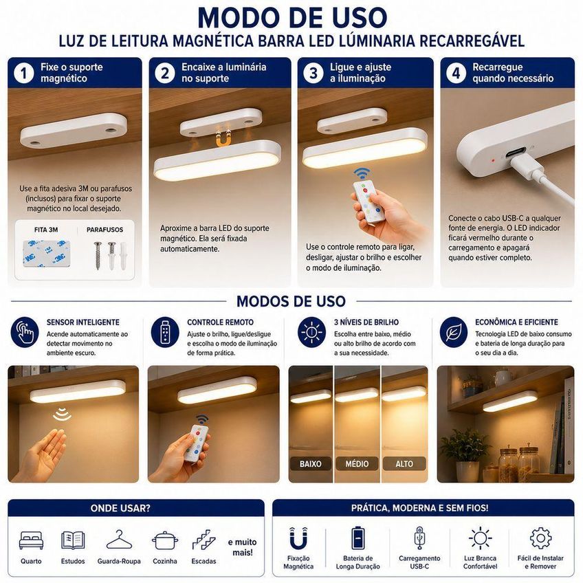 Luminária De Leitura Magnética Barra Led Recarregável Usb Sem Fio 3 Tons De Luz Utimix - imagem 3