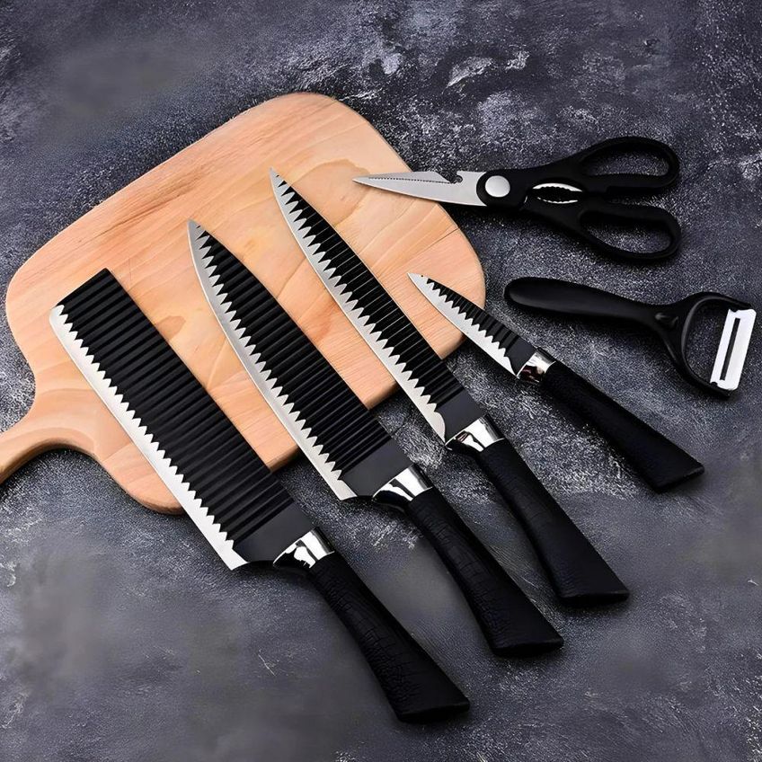 Kit Facas De Cozinha E Churrasco 6 Peças Antiaderente Aço Inox Cabo Ergonômico Preto Utimix - imagem 4
