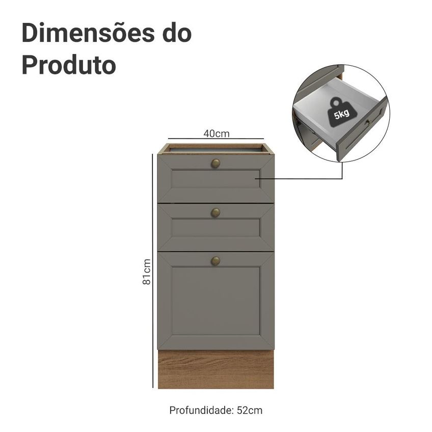 Balcão De Cozinha 40 Cm 3 Gavetas (sem Tampo) Rustic/Cinza Vik Madesa - imagem 2