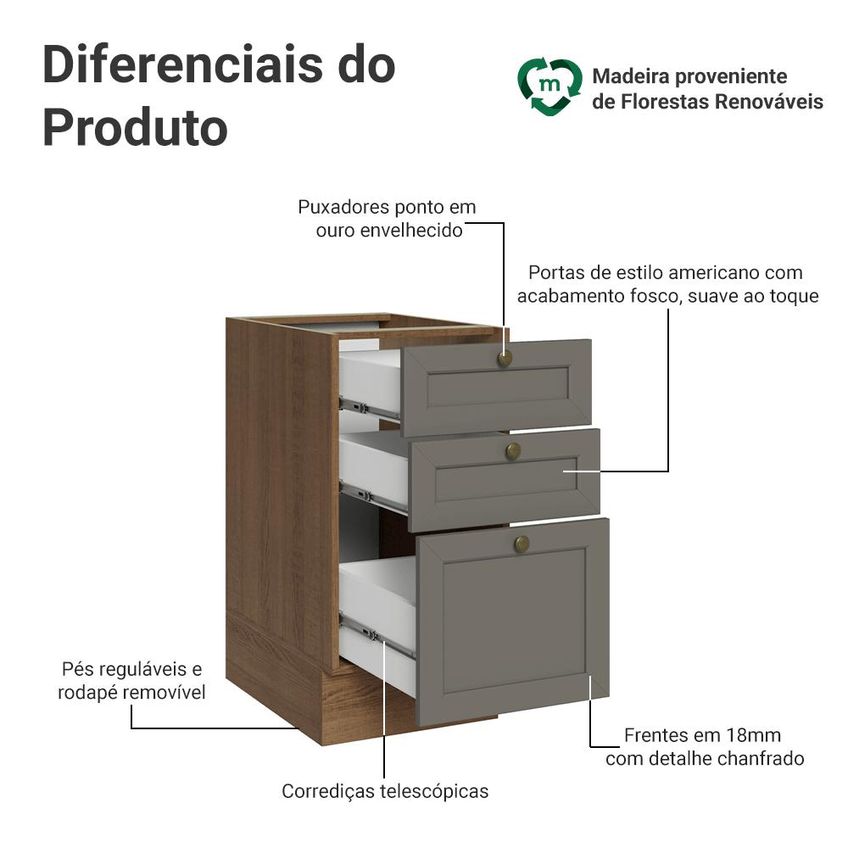 Balcão De Cozinha 40 Cm 3 Gavetas (sem Tampo) Rustic/Cinza Vik Madesa - imagem 3