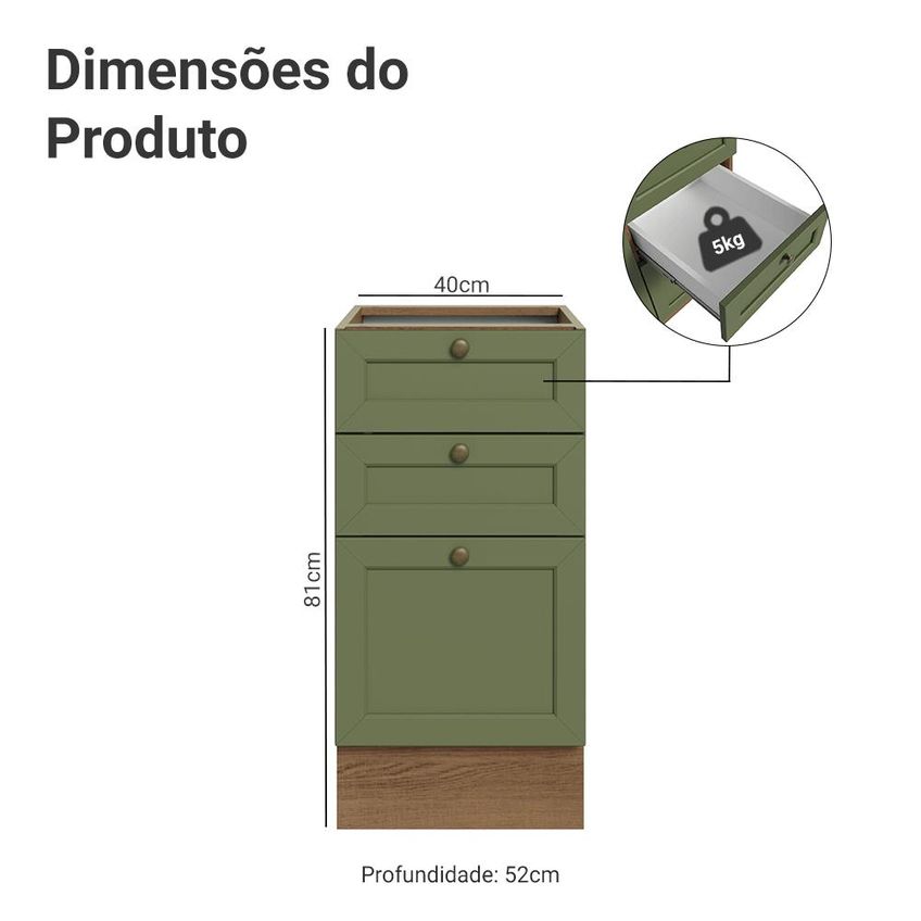 Balcão De Cozinha 40 Cm 3 Gavetas (sem Tampo) Rustic/verde Vik Madesa - imagem 2