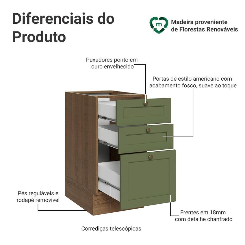Balcão De Cozinha 40 Cm 3 Gavetas (sem Tampo) Rustic/verde Vik Madesa - imagem 3