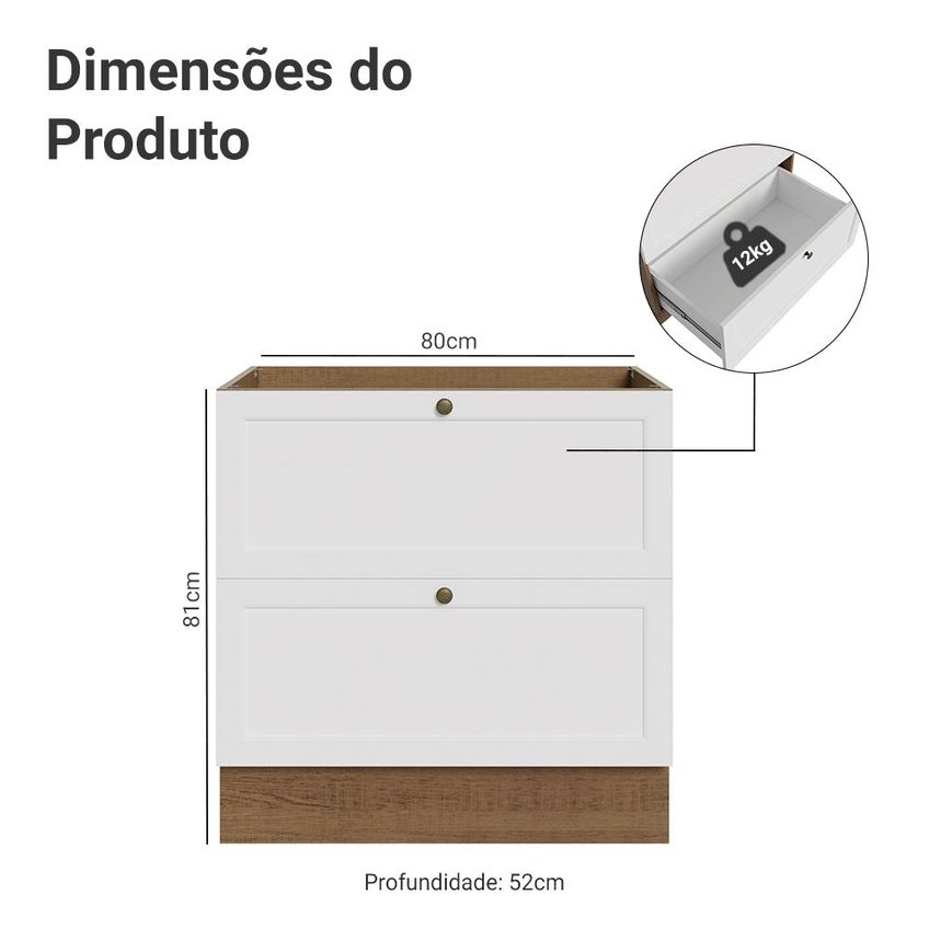 Balcão De Cozinha 80 Cm 2 Gavetas (sem Tampo) Rustic/Branco Vik Madesa - imagem 2