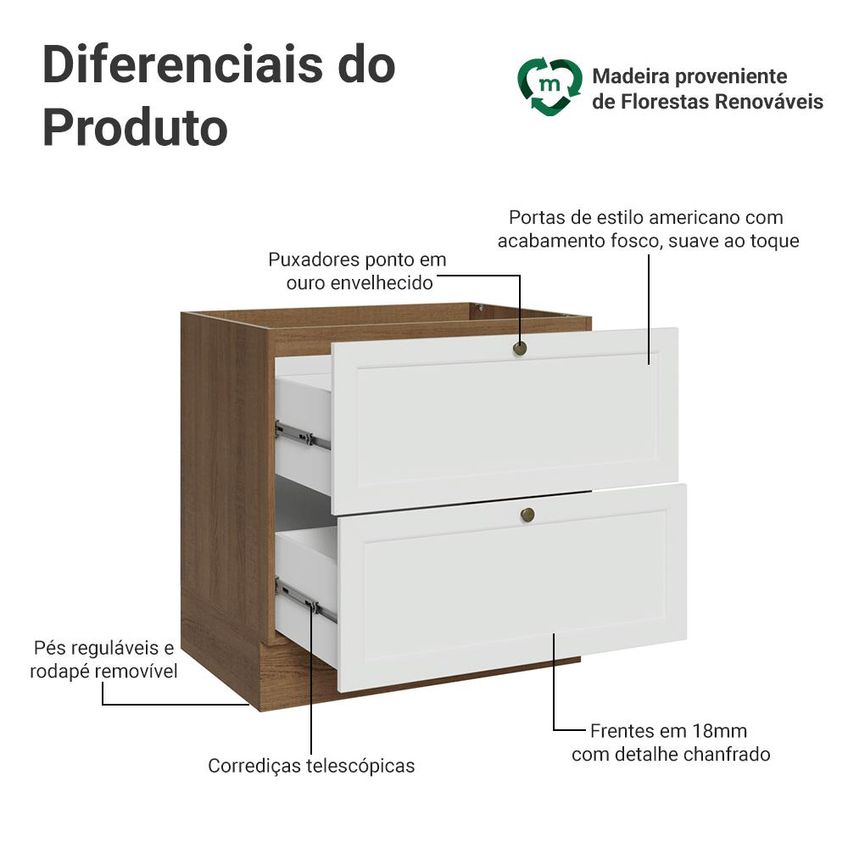 Balcão De Cozinha 80 Cm 2 Gavetas (sem Tampo) Rustic/Branco Vik Madesa - imagem 3