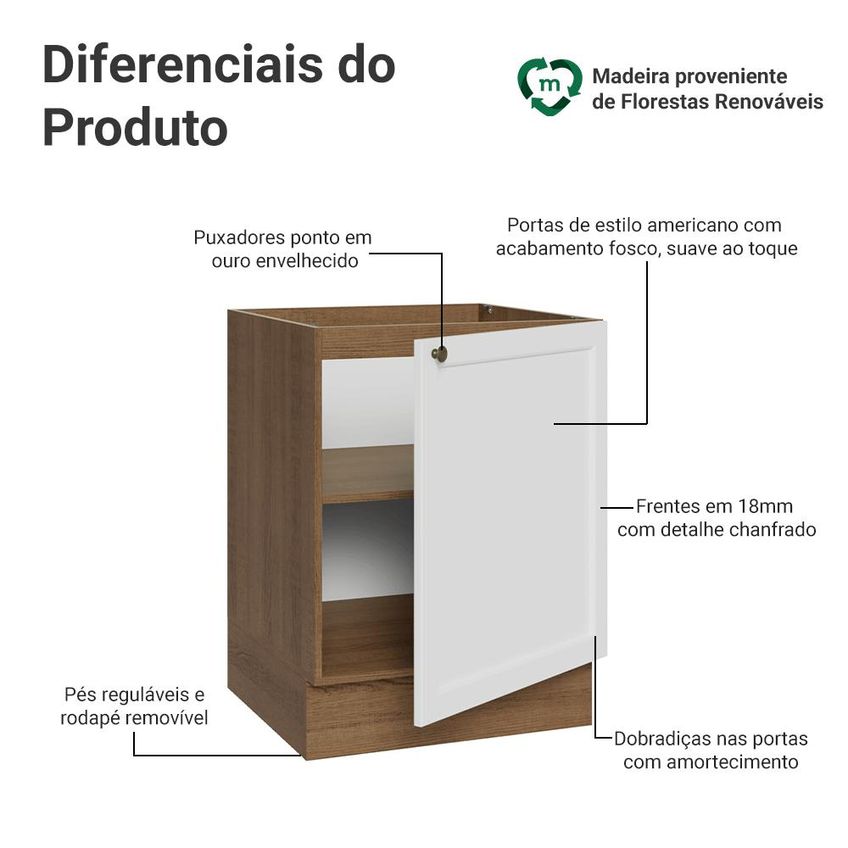 Balcão De Cozinha 60 Cm 1 Porta (sem Tampo) Rustic/Branco Vik Madesa - imagem 3