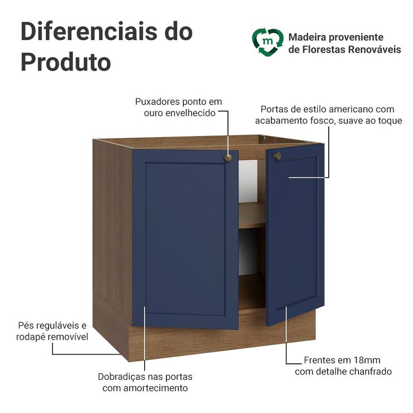 Balcão De Cozinha 80 Cm 2 Portas (sem Tampo) Rustic/Azul Vik Madesa - imagem 3