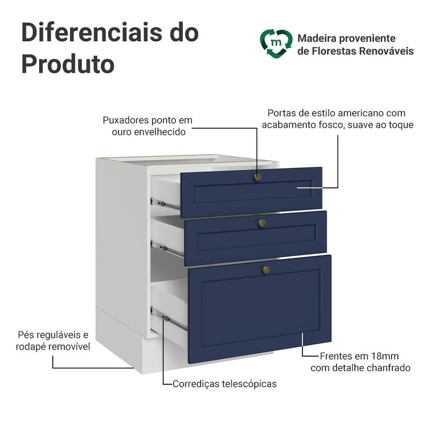 Balcão De Cozinha 60 Cm 3 Gavetas (sem Tampo) Branco/Azul Vik Madesa - imagem 3