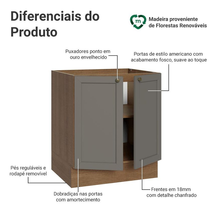 Balcão De Cozinha 70 Cm 2 Portas (sem Tampo) Rustic/Cinza Vik Madesa - imagem 3