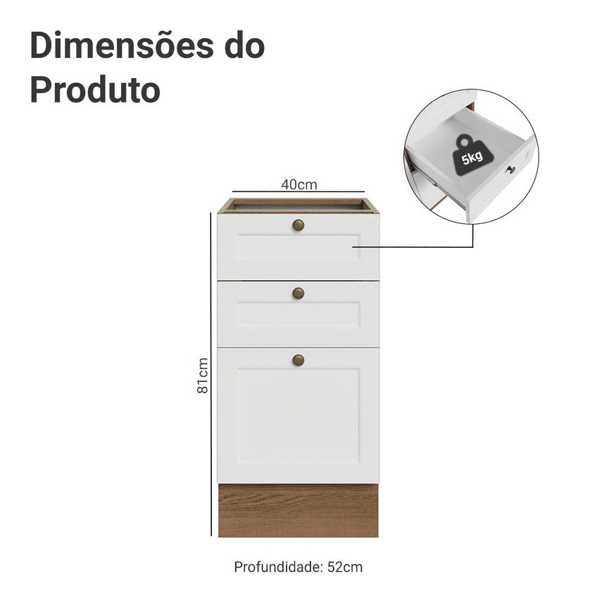 Balcão De Cozinha 40 Cm 3 Gavetas (sem Tampo) Rustic/Branco Vik Madesa - imagem 2