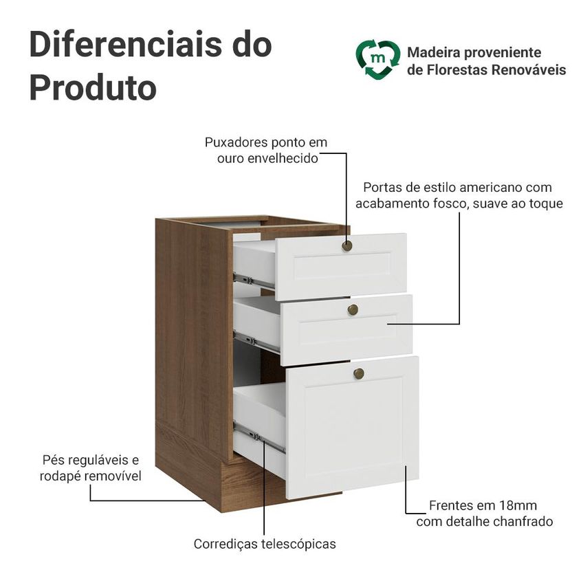 Balcão De Cozinha 40 Cm 3 Gavetas (sem Tampo) Rustic/Branco Vik Madesa - imagem 3