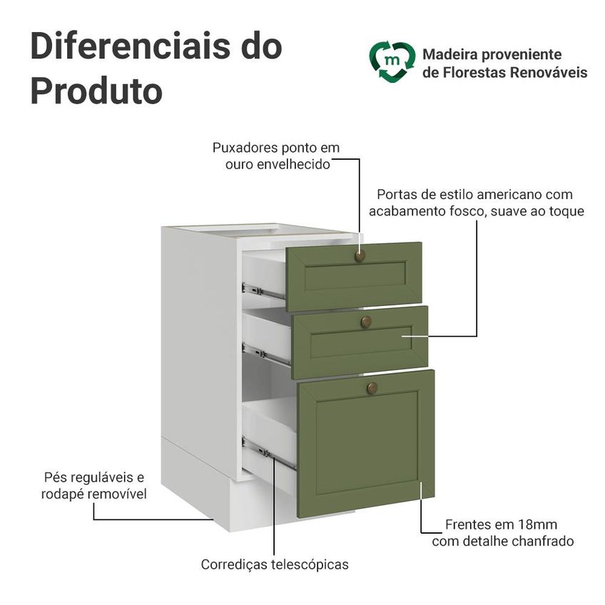 Balcão De Cozinha 40 Cm 3 Gavetas (sem Tampo) Branco/verde Vik Madesa - imagem 3