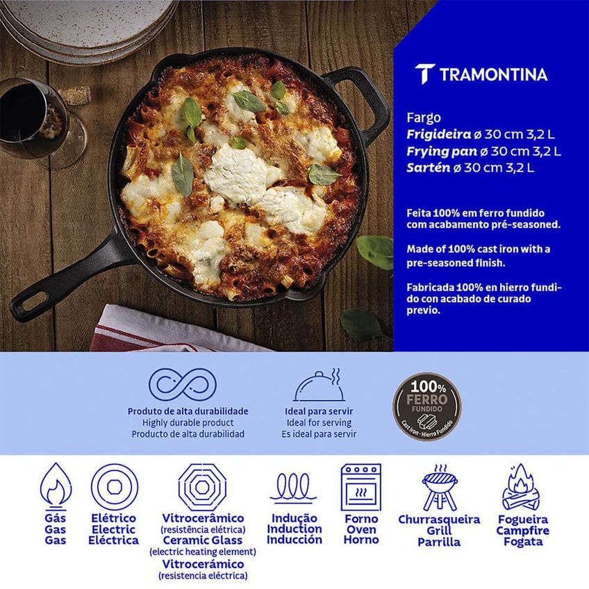 Frigideira Fargo Tramontina Em Ferro Fundido Com Acabamento Pre-Seasoned 30 Cm 3,2 L 28761030 - imagem 4