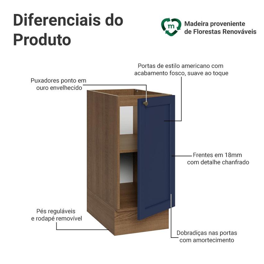 Balcão De Cozinha 35 Cm 1 Porta (sem Tampo) Rustic/Azul Vik Madesa - imagem 3