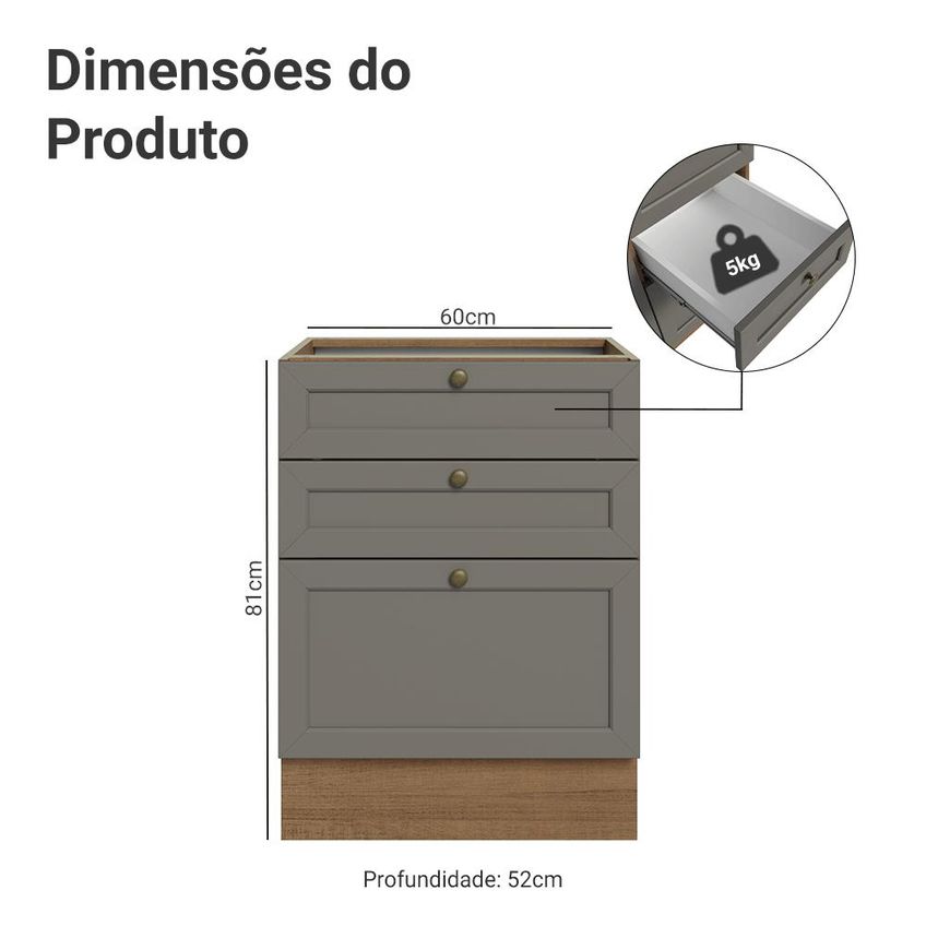 Balcão De Cozinha 60 Cm 3 Gavetas (sem Tampo) Rustic/cinza Vik Madesa - imagem 2