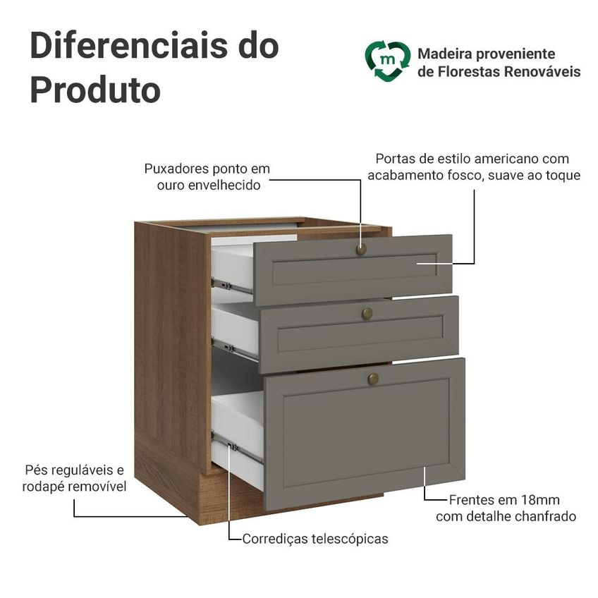 Balcão De Cozinha 60 Cm 3 Gavetas (sem Tampo) Rustic/cinza Vik Madesa - imagem 3