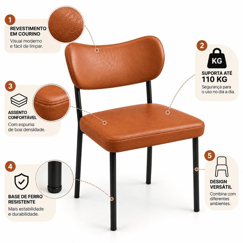 Cadeira Para Mesa De Jantar Área Gourmet Luxo Base De Ferro Cor: Marrom - imagem 2