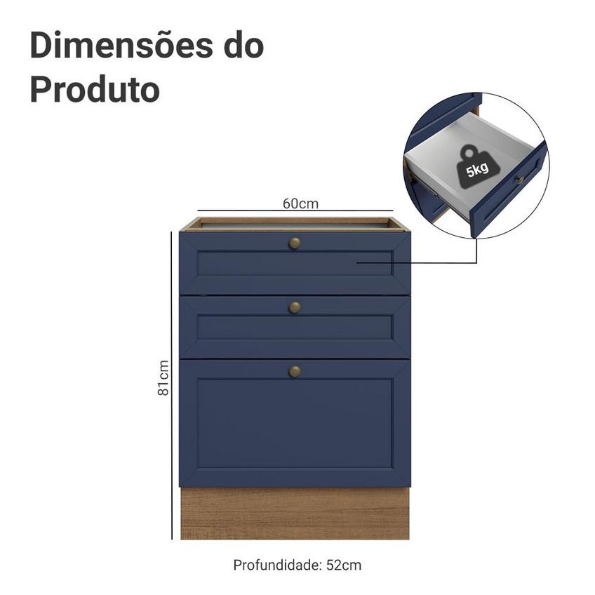 Balcão De Cozinha 60 Cm 3 Gavetas (sem Tampo) Rustic/Azul Vik Madesa - imagem 2