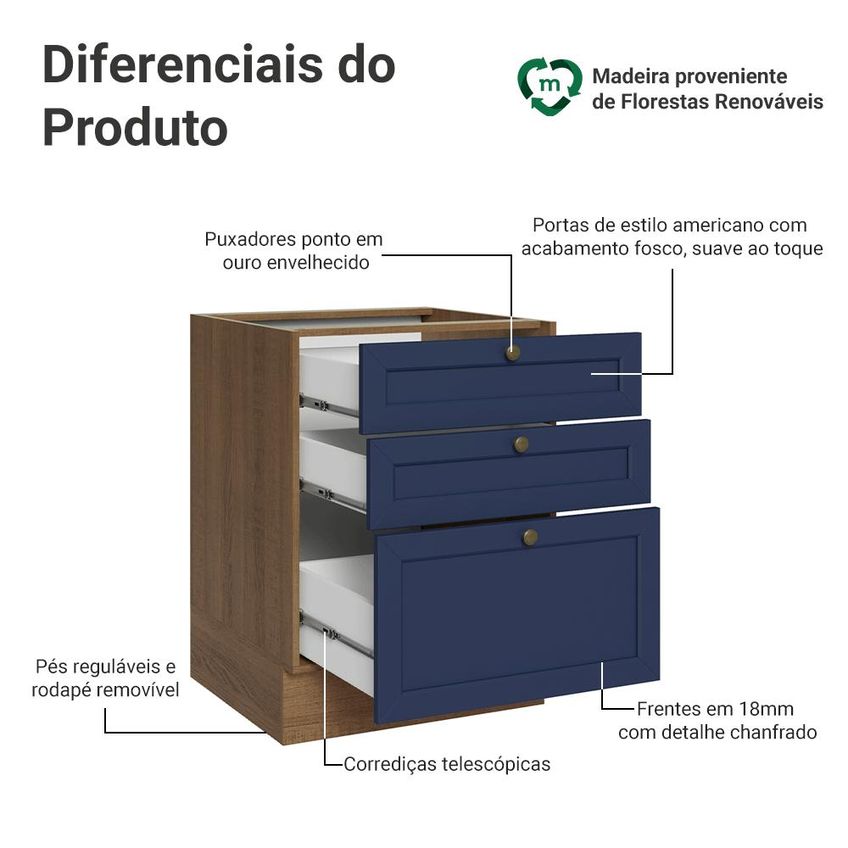 Balcão De Cozinha 60 Cm 3 Gavetas (sem Tampo) Rustic/Azul Vik Madesa - imagem 3