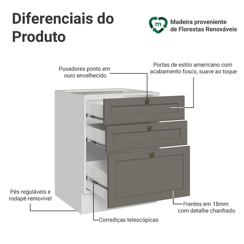 Balcão De Cozinha 60 Cm 3 Gavetas (sem Tampo) Branco/Cinza Vik Madesa - imagem 3