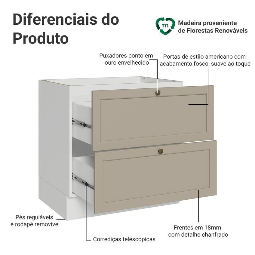 Balcão De Cozinha 80 Cm 2 Gavetas (sem Tampo) Branco/crema Vik Madesa - imagem 3