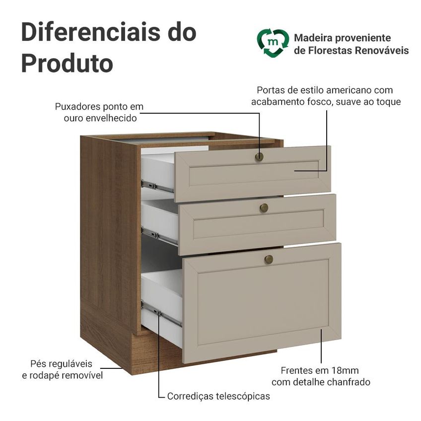 Balcão de Cozinha 60 cm 3 Gavetas (sem Tampo) Rustic/Crema Vik Madesa - imagem 3