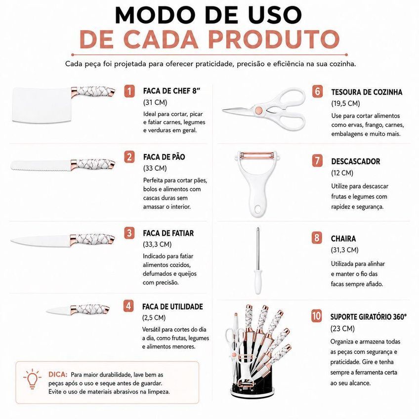 Kit De Facas Marmorizado Rose Gold Antiaderente Aço Inoxidável Com Suporte Giratório Cozinha Branco - imagem 3