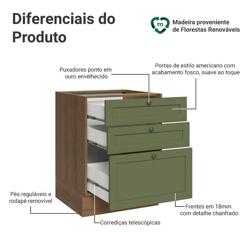 Balcão De Cozinha 60 Cm 3 Gavetas (sem Tampo) Rustic/verde Vik Madesa - imagem 3