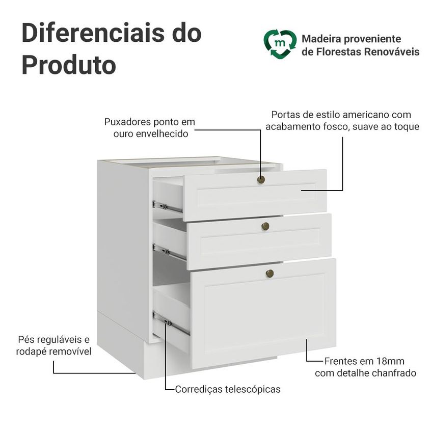 Balcão De Cozinha 60 Cm 3 Gavetas (sem Tampo) Branco Vik Madesa - imagem 3