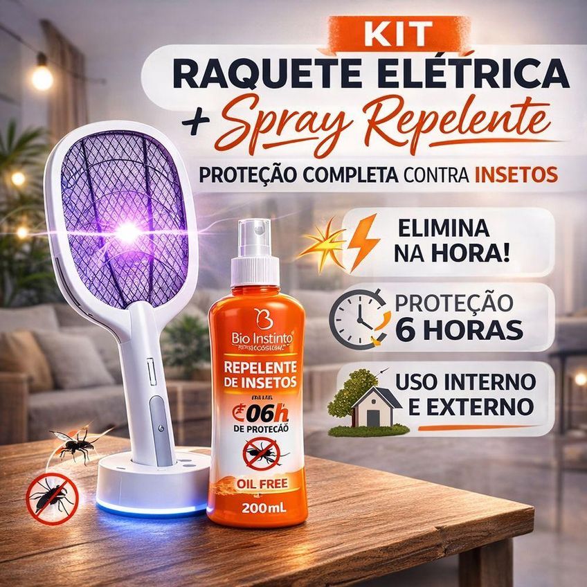 Kit Raquete Elétrica Mata Insetos Com Spray Repelente Base Luminosa Luz UV Recarregável Utimix - imagem 2