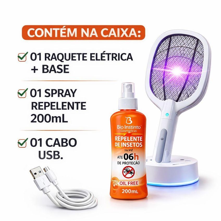 Kit Raquete Elétrica Mata Insetos Com Spray Repelente Base Luminosa Luz UV Recarregável Utimix - imagem 4