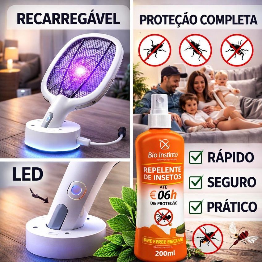 Kit Raquete Elétrica Mata Insetos Com Spray Repelente Base Luminosa Luz UV Recarregável Utimix - imagem 5