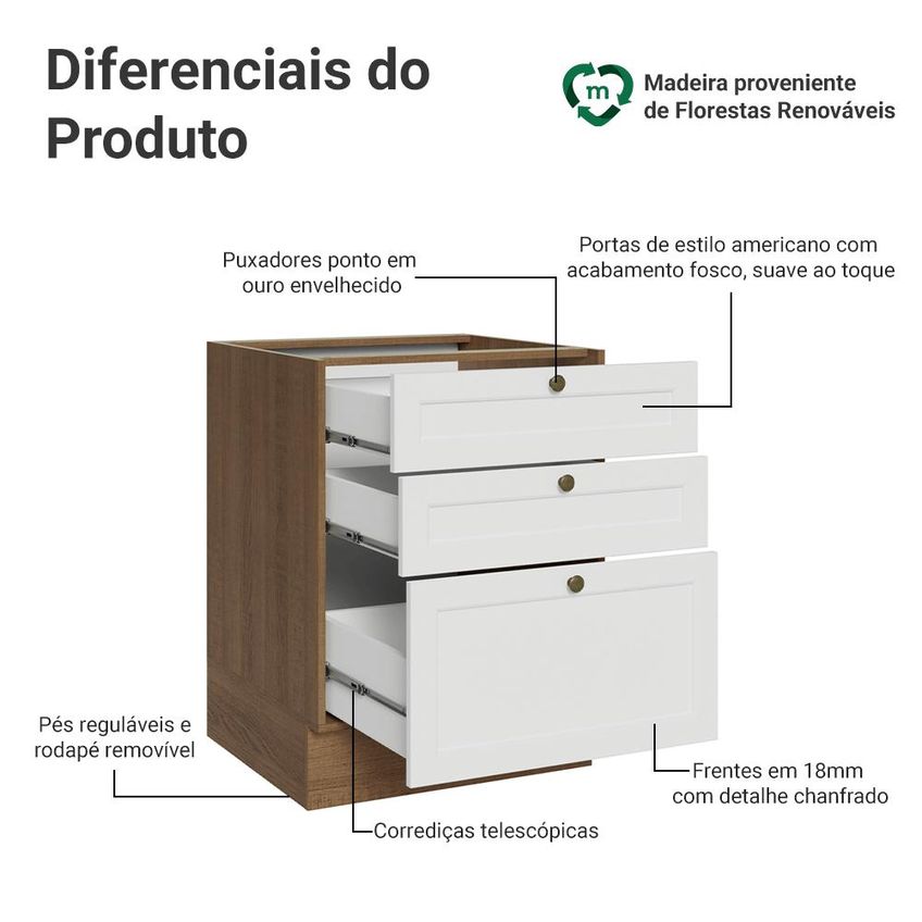 Balcão De Cozinha 60 Cm 3 Gavetas (sem Tampo) Rustic/branco Vik Madesa - imagem 3