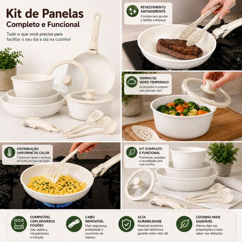 Kit Panelas Antiaderente Cabo Removível Alumínio Branco Para Fogão E Forno Utimix - imagem 3