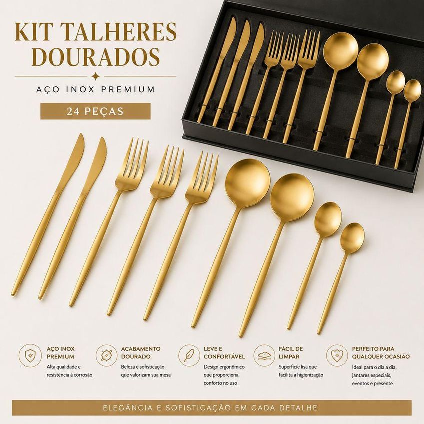 Kit Talheres Dourados Em Aço Inox 24 Peças Fosco Para Mesa Utimix - imagem 3