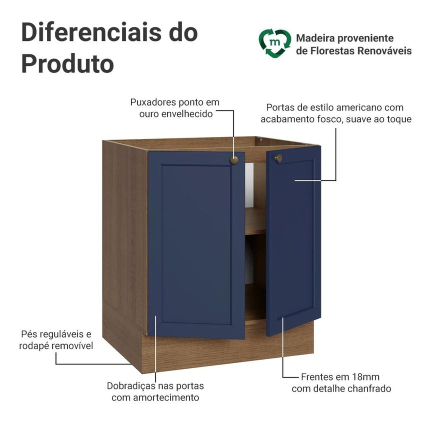 Balcão De Cozinha 70 Cm 2 Portas (sem Tampo) Rustic/Azul Vik Madesa - imagem 3